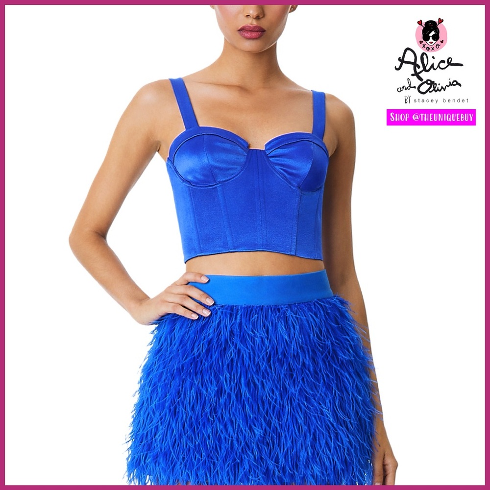 Alice + Olivia Jeanna Bustier Blue Smocked Back Crop Top